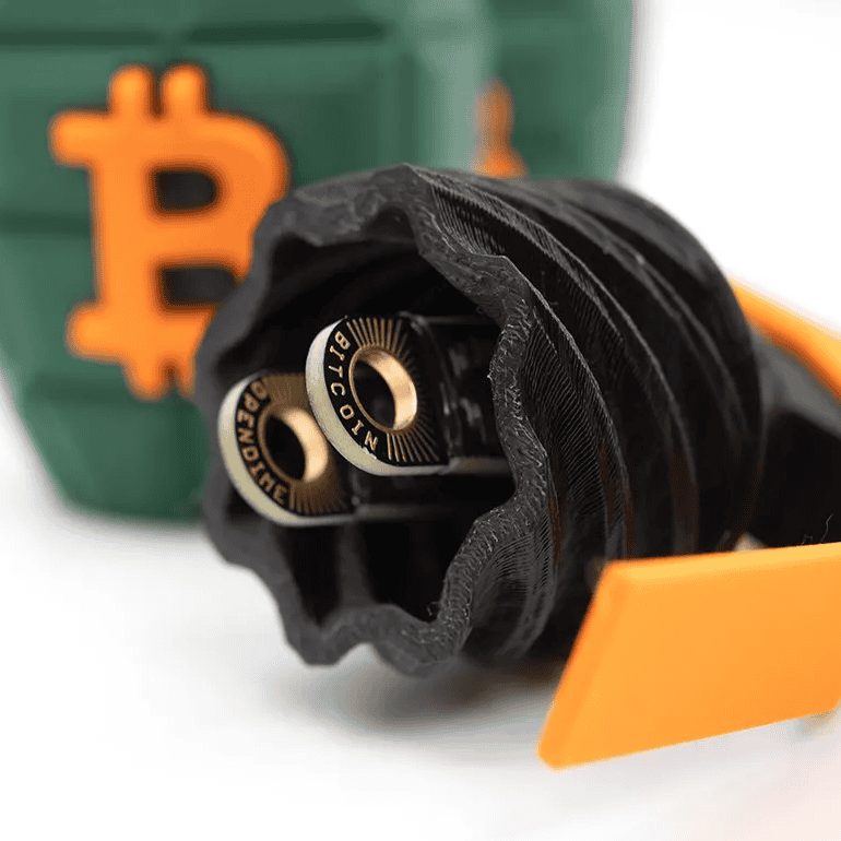Bitcoin Grenade 3D printed bitcoin art CryptoCloaks Colorado