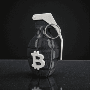 Black Original Bitcoin Grenade with white Bitcoin emblem, safety lever, and pull ring, front view
