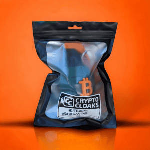 Original Bitcoin Grenade in black CryptoCloaks retail pouch with orange Bitcoin emblem
