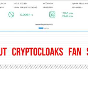 Monitoring dashboard with a blue graph and red text reading “WITHOUT CRYPTOCLOAKS FAN SHROUD”.