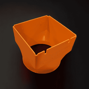 Orange shroud viewed into its rectangular opening, with the round passage visible below.