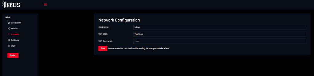 WiFi SSID and password entry screen