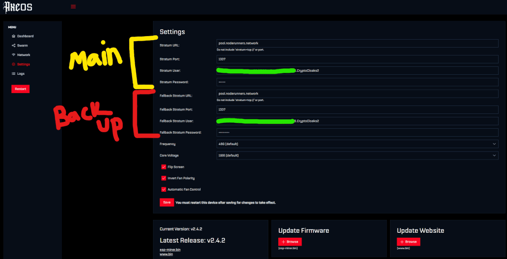 Pool settings configuration in the Bitaxe web interface