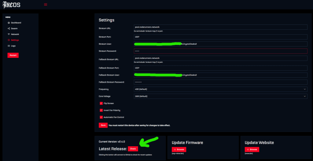 Clicking Check to look for firmware updates
