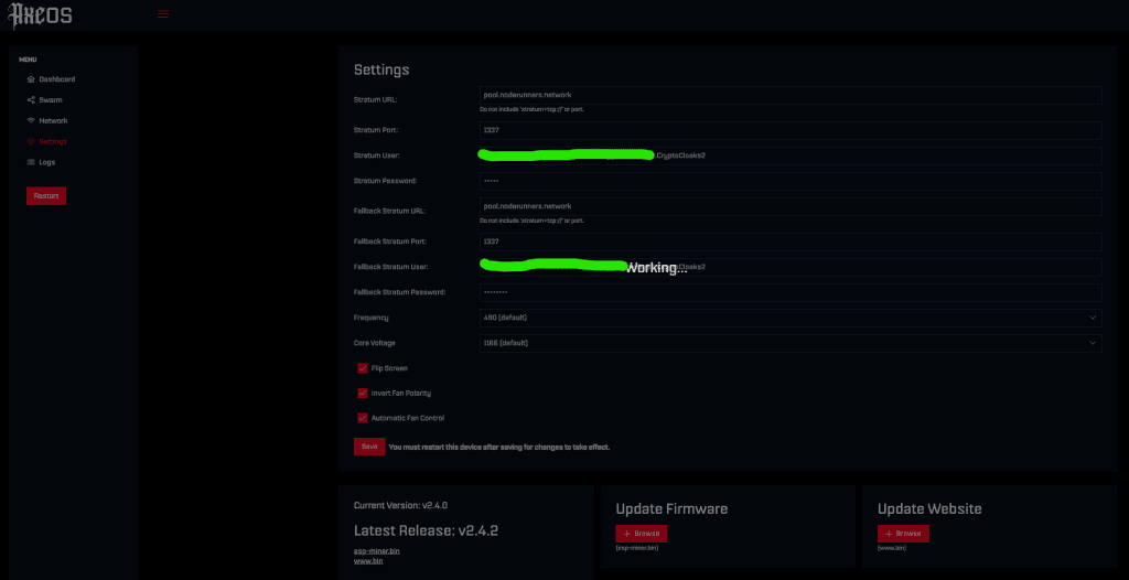 Firmware update Working screen