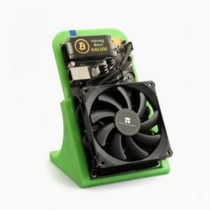 Hammer Miner BC04 home Bitcoin miner on green CryptoCloaks stand with OLED display and fan