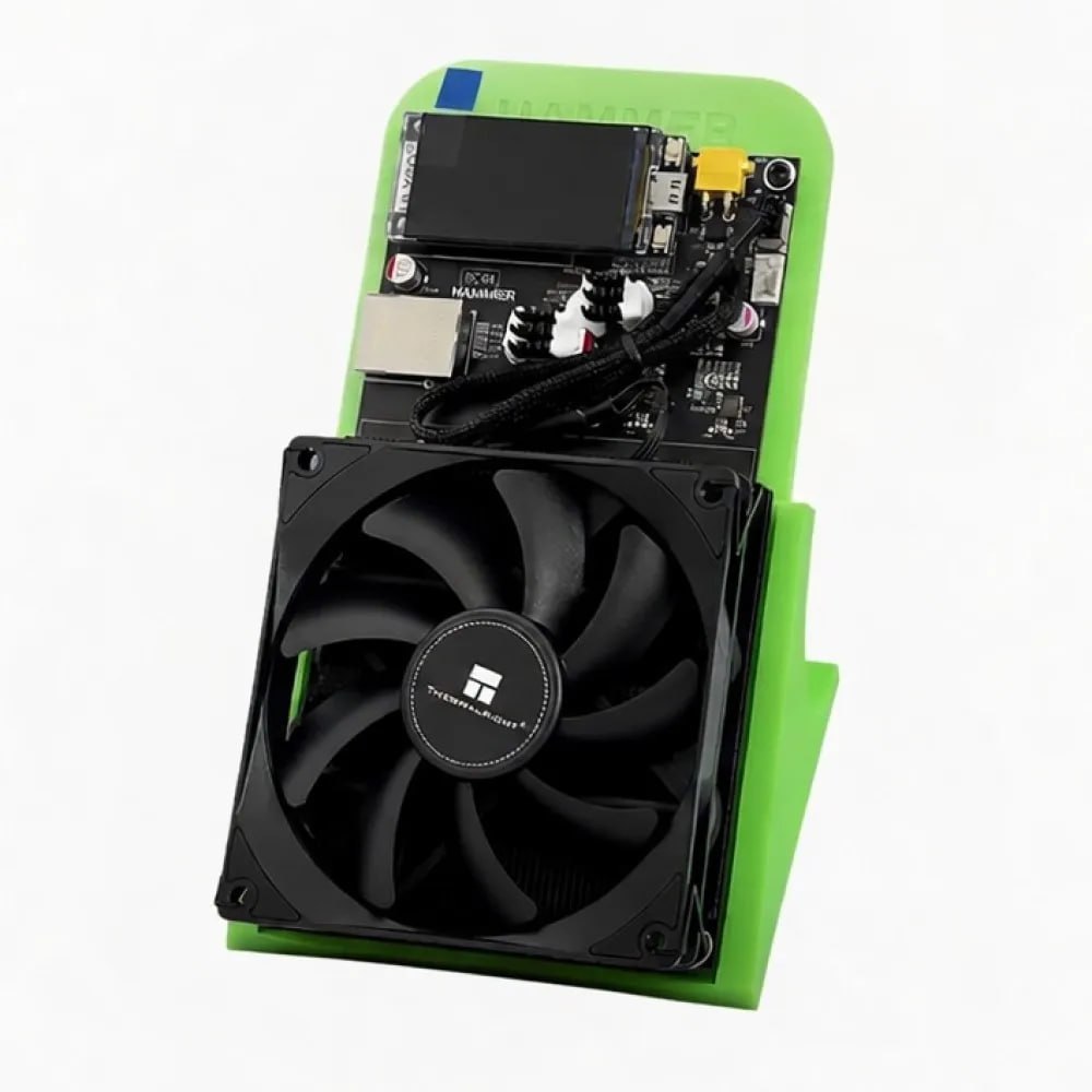 Hammer Miner BC04 desktop Bitcoin miner front angle with cooling fan and circuit board