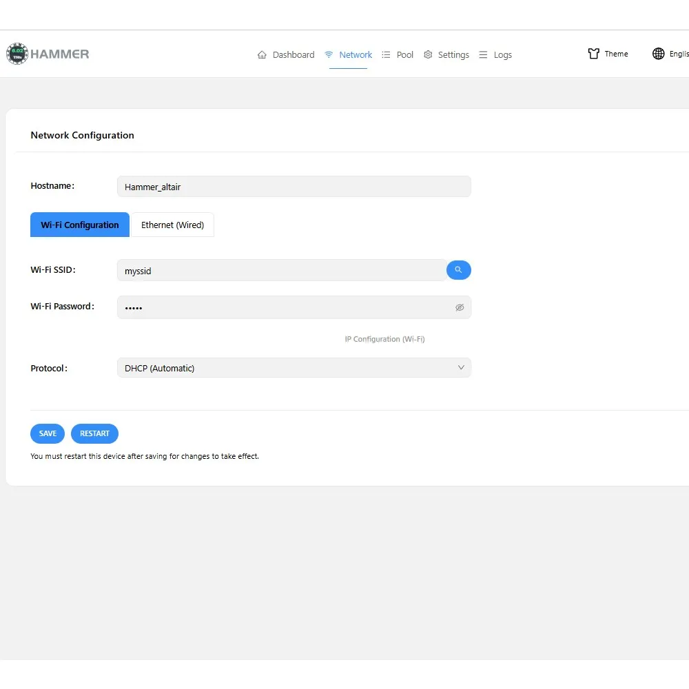 HammerOS network configuration screen for Hammer Miner BC04 WiFi and Ethernet settings
