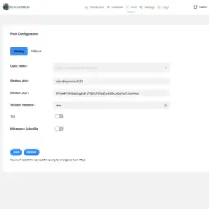 HammerOS pool configuration screen for Hammer Miner BC04 Bitcoin mining pool and worker settings