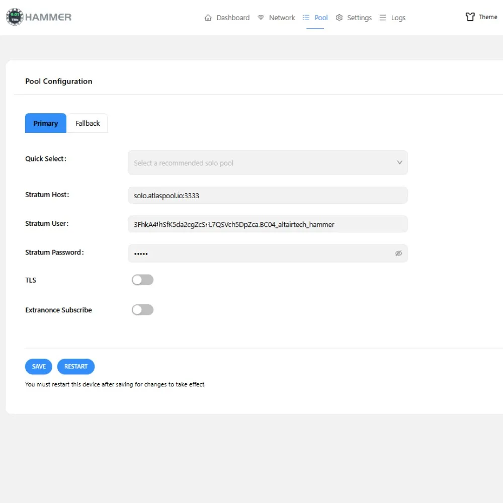HammerOS pool configuration screen for Hammer Miner BC04 Bitcoin mining pool and worker settings