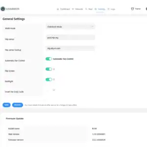 HammerOS general settings screen for Hammer Miner BC04 with mining mode, fan control, and firmware details