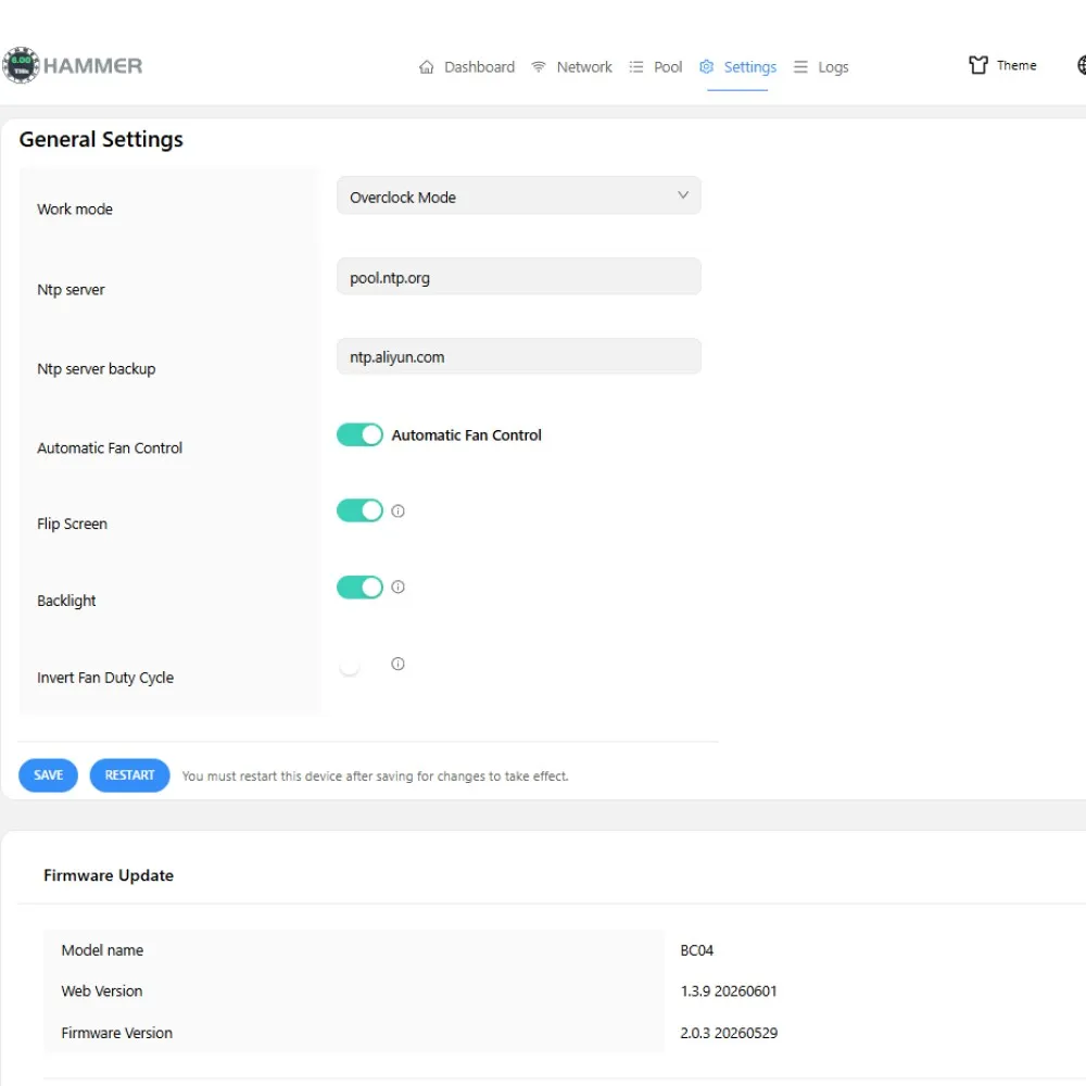 HammerOS general settings screen for Hammer Miner BC04 with mining mode, fan control, and firmware details