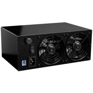 Rear of GekkoScience KBox Bitcoin Miner showing dual cooling fans Ethernet port integrated power input and switch