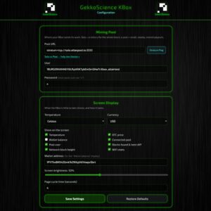 GekkoScience KBox Linux controller settings page for pools display options and system configuration