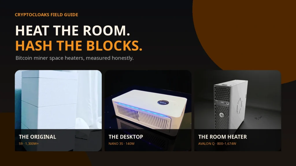 Bitcoin miner space heater guide featuring the CryptoCloaks S9 heater case, Canaan Nano 3S and Avalon Q