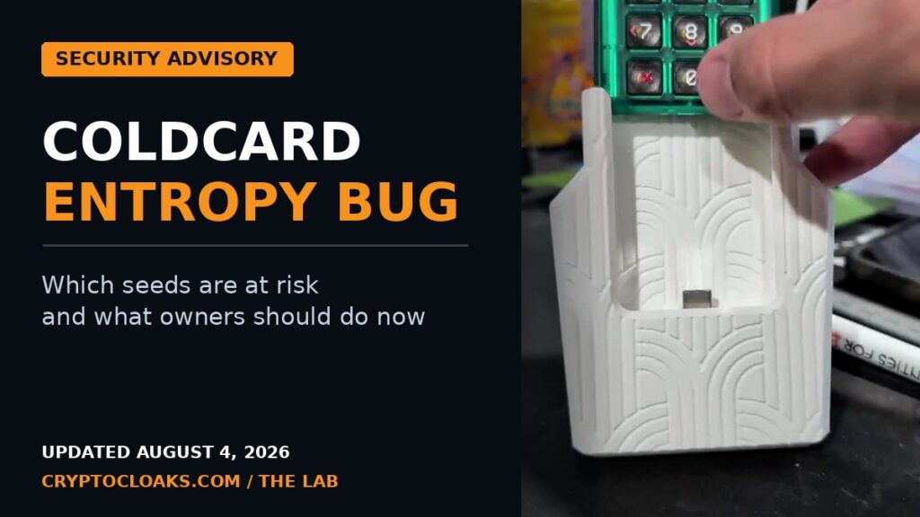 Coldcard entropy bug security advisory showing a Coldcard Mk5 signing device