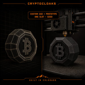 Custom Bitcoin CAD wireframe beside a matching PETG prototype being 3D printed by CryptoCloaks