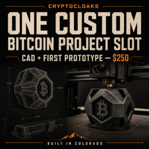 CryptoCloaks custom Bitcoin project slot including CAD design and a first PETG prototype for $250