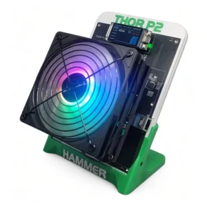Hammer Miner Thor P2 10 TH/s dual BM1373 home Bitcoin miner with RGB fan color display and green ABS stand