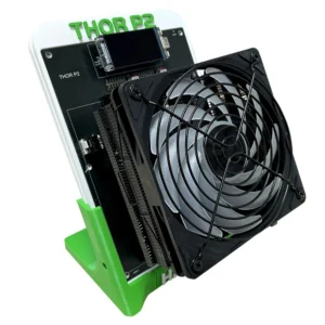 Hammer Miner Thor P2 front angle with fan lighting off showing cooler boards display and green stand