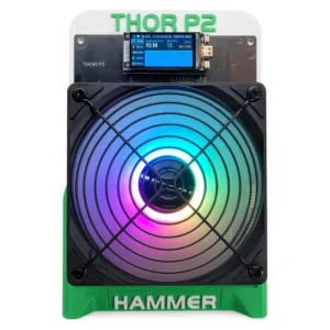 Front view of Hammer Miner Thor P2 with 120mm RGB fan green stand and live color mining display