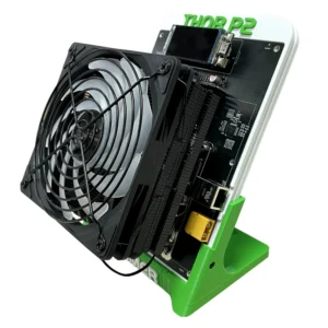 Hammer Miner Thor P2 side angle showing 120mm fan display circuit boards network ports and yellow XT60 connector