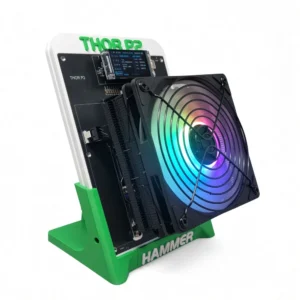 Right front angle of Hammer Miner Thor P2 showing RGB cooling fan dual BM1373 boards display and stand