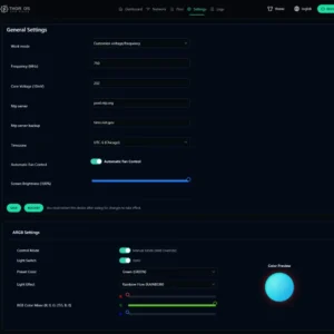 Hammer Miner Thor P2 settings interface for frequency voltage fan control display theme and ARGB lighting