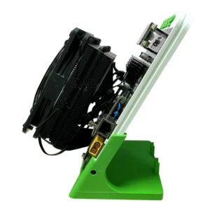 Side profile of Hammer Miner Thor P2 showing tower heatsink fan circuit boards display and XT60 power input