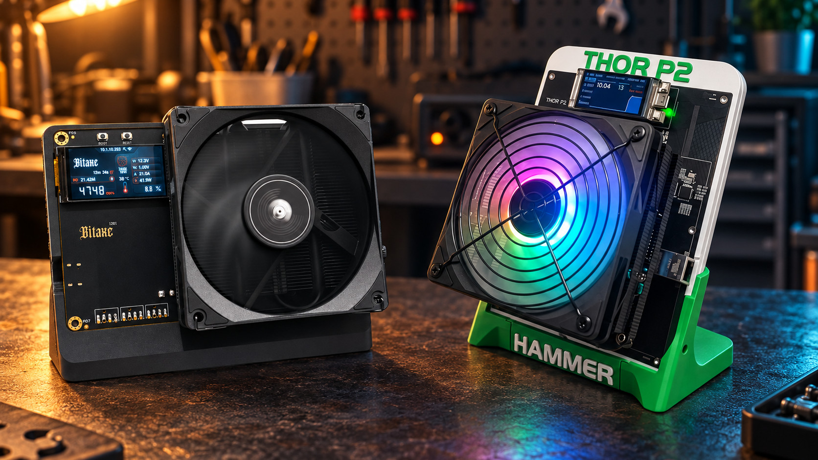 Bitaxe Naja Duo and Hammer Thor P2 home Bitcoin miners compared side by side
