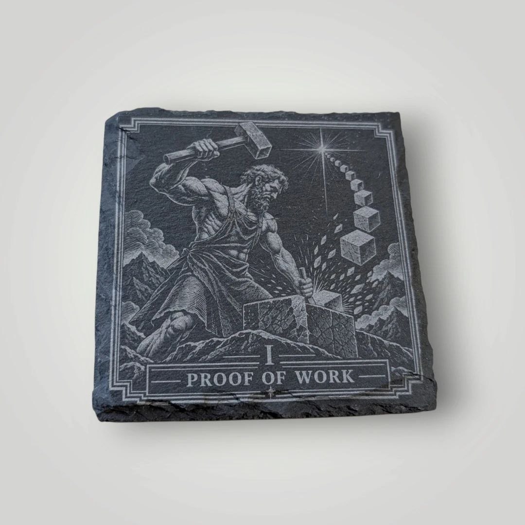 IR laser-engraved slate Proof of Work Bitcoin coaster with a hammer and rising blocks