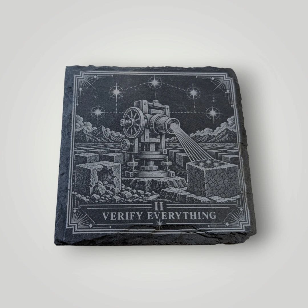 IR laser-engraved slate Verify Everything Bitcoin coaster with an inspection machine and block