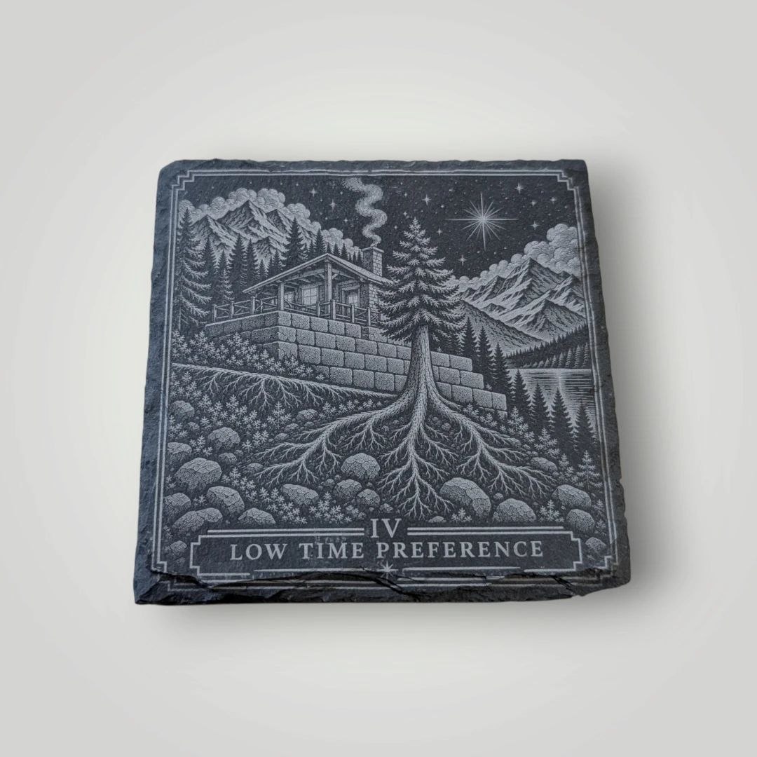 IR laser-engraved slate Low Time Preference Bitcoin coaster with a cabin, rooted tree and mountain
