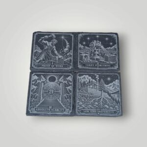 Bitcoin principles coaster set of 4, IR laser-engraved slate: Proof of Work, Verify Everything, Absolute Scarcity and Low Time Preference