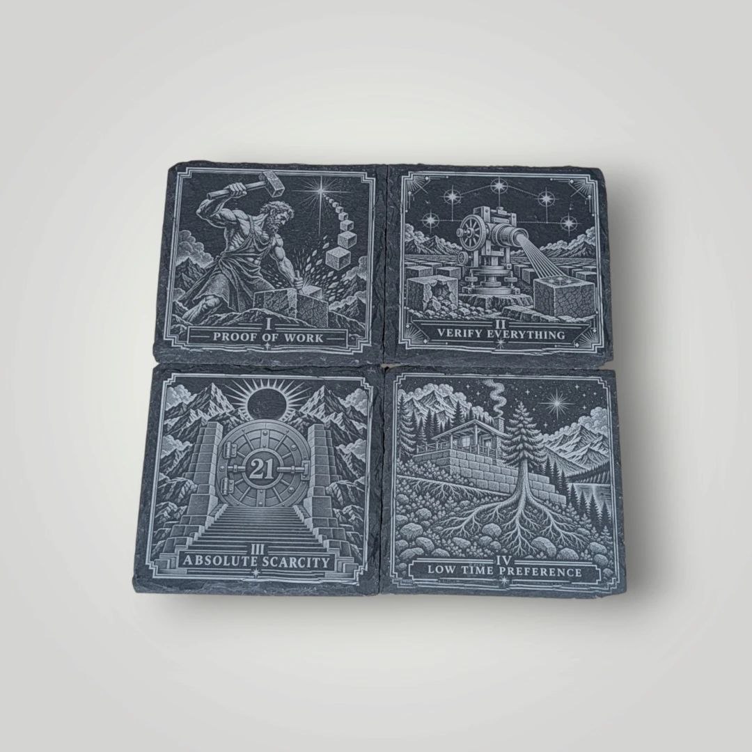 Bitcoin principles coaster set of 4, IR laser-engraved slate: Proof of Work, Verify Everything, Absolute Scarcity and Low Time Preference