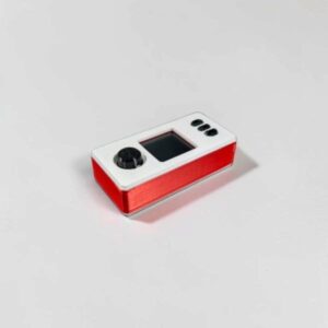 CryptoCloaks custom SeedSigner case, red body with white accent, photo 4; assembled electronics shown for illustration only
