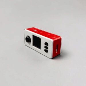 CryptoCloaks custom SeedSigner case, red body with white accent, photo 6; assembled electronics shown for illustration only