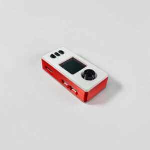 CryptoCloaks custom SeedSigner case, red body with white accent, photo 7; assembled electronics shown for illustration only