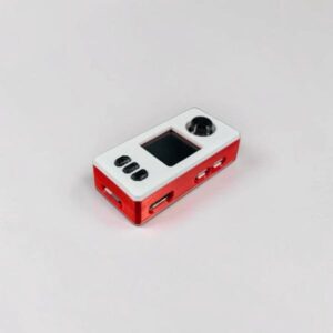 CryptoCloaks custom SeedSigner case, red body with white accent, photo 8; assembled electronics shown for illustration only