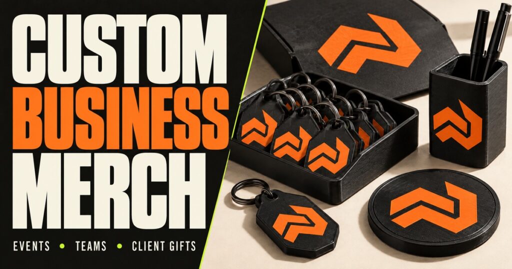 Illustrative custom business merch collection with matching keychains, desk piece, and coaster