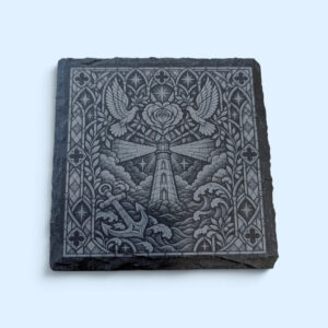 Physical square slate coaster engraved with a lighthouse, anchor, two doves and a heart-shaped rose in a detailed Gothic stained-glass style
